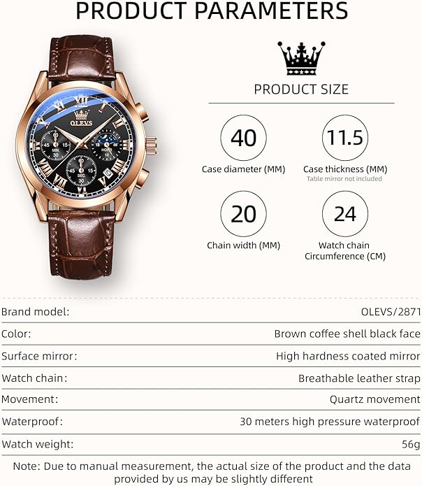 OLEVS Men's Leather Analog Quartz Watch - Luxury Chronograph Wristwatch With Date, Waterproof, Luminous - Dress Style