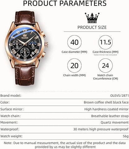 OLEVS Men's Leather Analog Quartz Watch - Luxury Chronograph Wristwatch With Date, Waterproof, Luminous - Dress Style