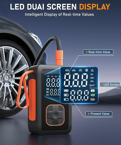 Tire Inflator Portable Air Compressor - 150PSI & 15000mAh Dual Power (Cordless & 12V DC) Car Air Pump, 3X Faster 36L/Min Electric Tire Pump with Digital Gauge, LED Light for Car, Bike, Ball