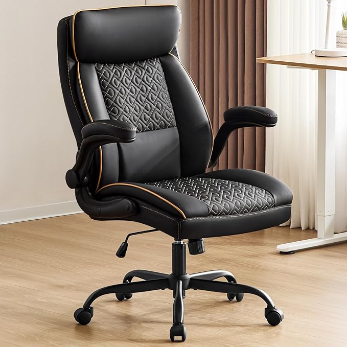 Leather Executive Office Chair, Computer Desk Chair with Lumbar Support, Comfortable Home Office Chairs 400lbs with Padded Flip-up Armrests, Height Adjustable, Tilting Function, Black