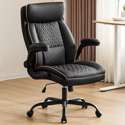 Leather Executive Office Chair, Computer Desk Chair with Lumbar Support, Comfortable Home Office Chairs 400lbs with Padded Flip-up Armrests, Height Adjustable, Tilting Function, Black