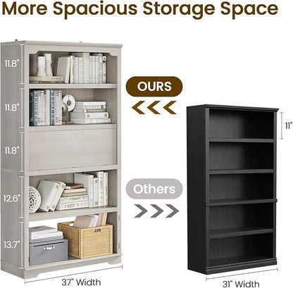 HIFYOBRO 5 Tier Bookcase Wooden 71" Tall Bookshelf with Flip-Down Door on 3rd Book Shelf, 37 in Wide Freestanding Bookshelves for Home, Office, Library (White)