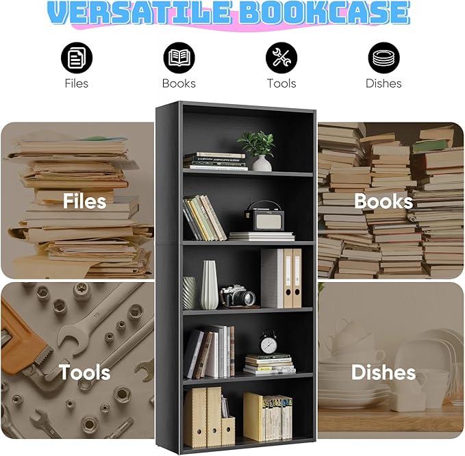 5 Tier Book Shelf, Tall Display Bookcase Modern Wood Bookshelf, 5 Shelf Bookcase Storage Organizer for Garage Kits/CDs/Books/Movies, Black Bookshelf for Home Office Living Room