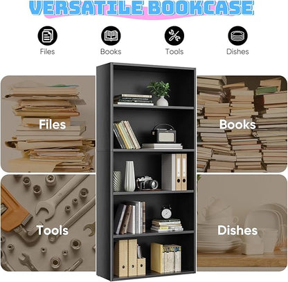 5 Tier Book Shelf, Tall Display Bookcase Modern Wood Bookshelf, 5 Shelf Bookcase Storage Organizer for Garage Kits/CDs/Books/Movies, Black Bookshelf for Home Office Living Room