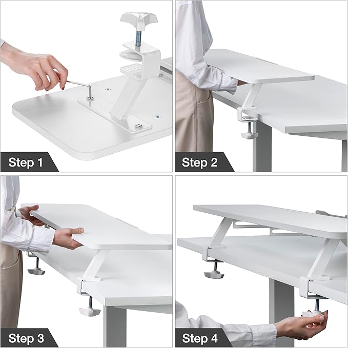 AVLT Clamp Desk Shelf Dual 32" Monitor Riser With Slide-out Holder for Convertible Laptop, Tablet, Smartphone (Black) - Floating Stand (Clamp-On Shelf Only)