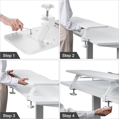 AVLT Clamp Desk Shelf Dual 32" Monitor Riser With Slide-out Holder for Convertible Laptop, Tablet, Smartphone (Black) - Floating Stand (Clamp-On Shelf Only)