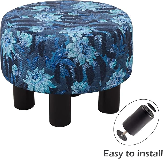Cpintltr Foot Stool Linen Ottoman Round Footstool for Couch Desk Soft Step Stool Padded Foot Rest with Non-Skid Pine Legs Multiple Colors Furniture for Hallway Office Lounge Dorm Room Flower Blue