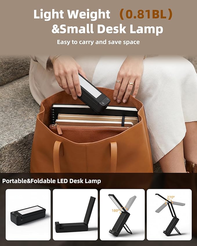 EZVALO LED Rechargeable Desk Lamp, 6000mAh Battery Operated Foldable & Portable Light,90Ra Cordless Table Lamp for Office Home, 3 Color Dimmable Small Desk Lamp Wireless Reading Lamp (Black)
