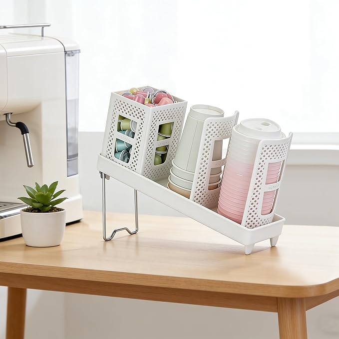 Coffee Cup Dispenser with Straws Holder, Plastic Coffee Cup and Lid Holder, 5-20oz Disposable Paper Cups Organizer for Countertop, Station, Bar, Office, Restaurant, Breakroom (White)