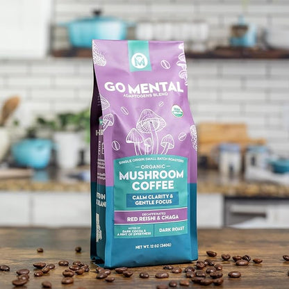 Organic Mushroom Decaffeinated Coffee Dark Roast, Swiss Water Water Process, Red Reishi & Chaga, Decaf for Calm and Relaxed Focus, Grade 1 Single Origin Peruvian 12oz - Ground (2 Pack)
