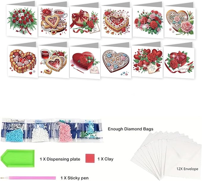 jinglinhh 12pcs Valentine's Day Diamond Art Painting Rose Flower Love Heart Cake Greeting Cards with Envelopes, DIY Card Making Kits for Adults, Diamond Art Holiday Birthday Cards Craft Gifts