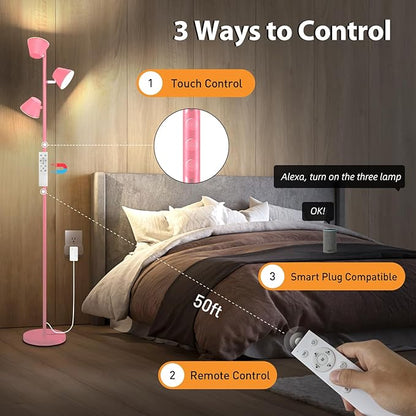 42W LED Tree Floor Lamp, 68" Modern Dimmable Floor Lamps for Living Room with Remote & Touch Control, with 3 Rotatable Lights 4 Color Temperatures, Tall Standing Lamp for Bedroom Office, Pink
