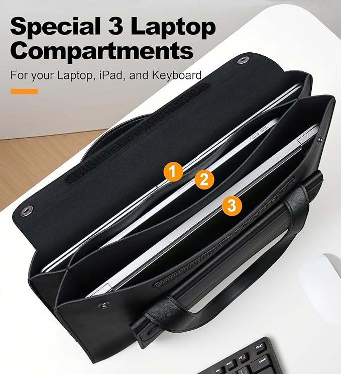 Lacdo 14 Inch Laptop Sleeve Case Bag for HP 14" Laptop, Lenovo Dell ASUS Acer Chromebook 14, HP Stream 14, Dell Latitude 14, ASUS Vivobook 14, Leather Computer Bag with 3 Compartments & Handle, Black