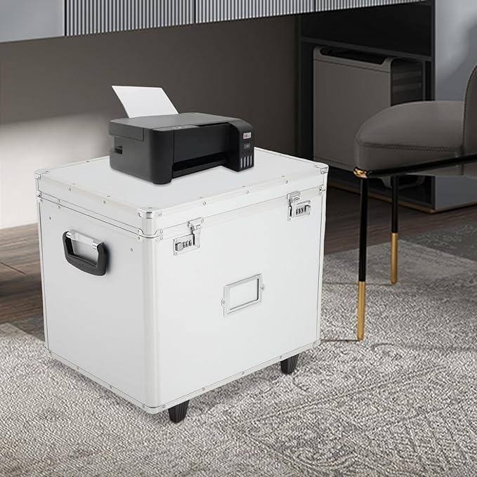 Portable File Box on Wheels Hand Pull Locking Mobile Business Case with Handle Rolling File Organizer Storage Box with Lock Modern Wheeled File Cabinet Filing Cabinets for Office Documents, Silver