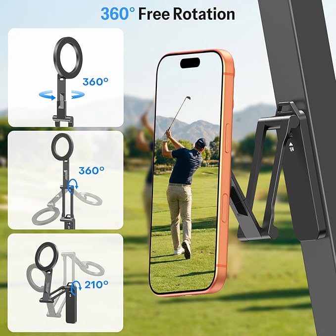 OMOTON Magnetic Golf Cart Phone Holder, [1/4" Screw+Tri-fold] Golf Gifts for Men Women Him 2026 Golf Accessories Essentials Gadgets Compatible with iPhone 17-12, Fits EZGO/Club Car/Yamaha, Black