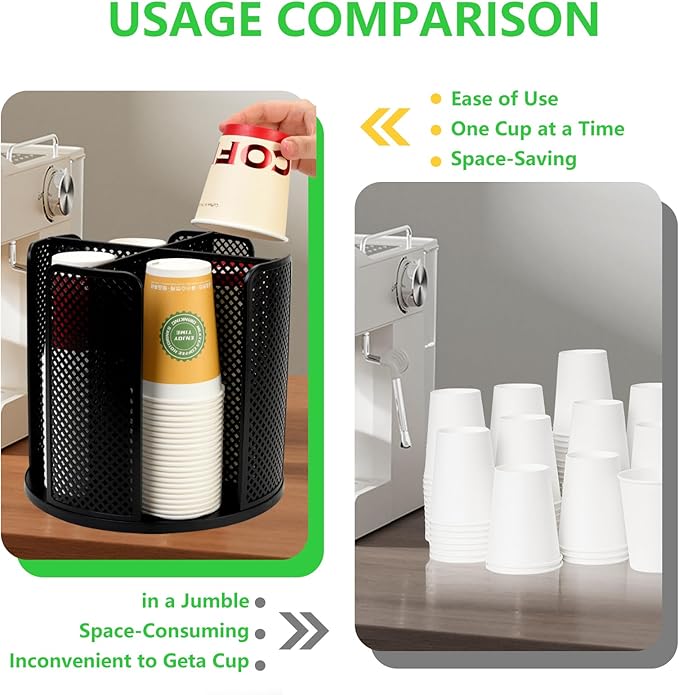 Coffee Cup Dispenser,Disposable Paper Cup and Lid Holder 360° Rotatable with 4 Compartments,Can Stacking 3-16oz Cups and Lid Holder for Coffee Shop,Home Countertop,Kitchen,Restaurant,Office