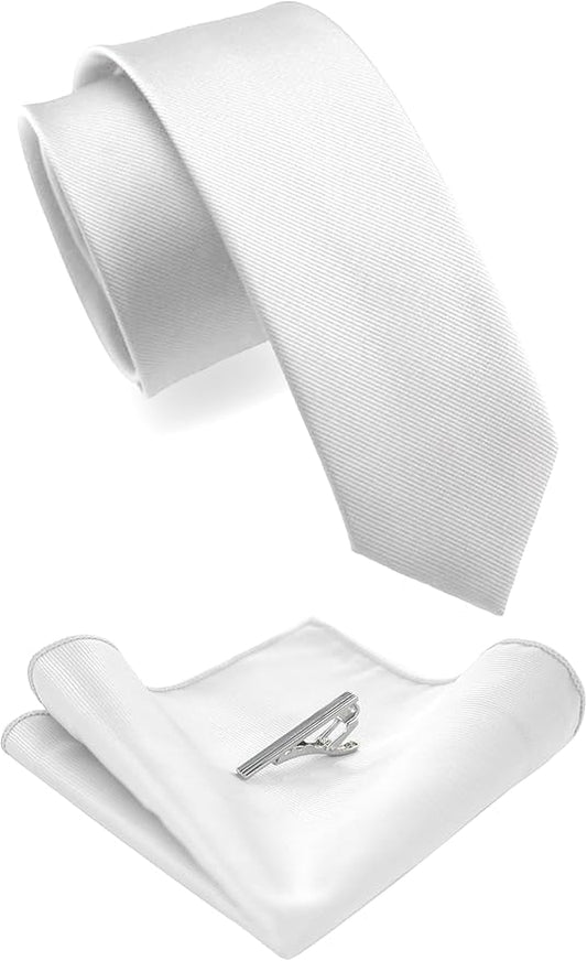 JEMYGINS 2.4" Solid Color Skinny Tie and Pocket Square with Tie Clip Sets for Men (6cm)