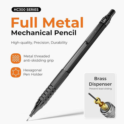 Four Candies 2PCS Metal Mechanical Pencils Set with Case, 0.5mm & 0.7 mm Artist Pencil with 6 Tubes (360PCS) HB Lead Refills, 3 Erasers,9 Eraser Refills For Writing Drafting, Drawing, Black