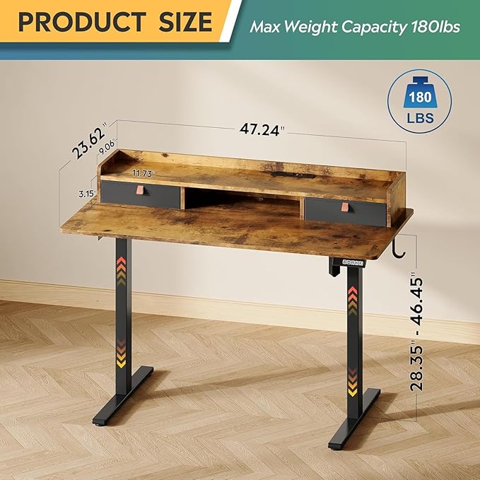 DEVAISE 48×24 Inch Electric Standing Desk with Drawers, Computer Desk with 3 Adjustable Height, Storage Shelf, Built-in 2 AC + 2 USB Outlets and Memory Preset, Sit to Stand Desk for Home Office, White