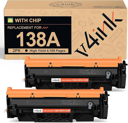 v4ink 138A Black Toner Cartridge Replacement for HP138A 138X W1380X W1380A Toner Cartridge for Laserjet Pro MFP 3101fdw 3101sdw 3001dw Printer Ink (with Chip, 2 Pack)