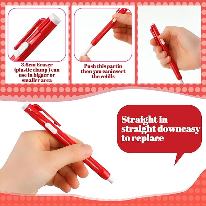 12 Pieces Retractable Mechanical Eraser Pen Bulks Retractable Mechanical Stick Eraser Refill for Teacher Gifts Painting Writing Office Daily Study (Red)