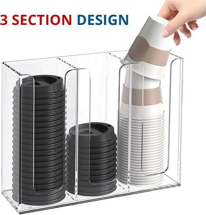 Acrylic Cup and Lid Holder, 3 Compartment, Disposable Coffee Cup Dispenser Cup Storage Organizer, Clear