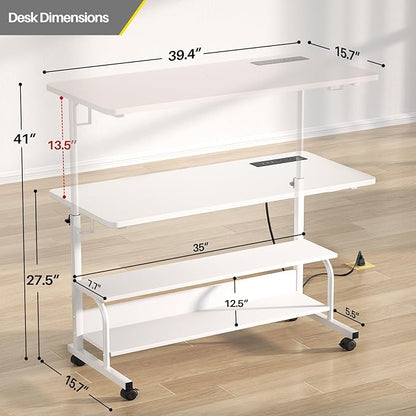 Height Adjustable Standing Desk with Power Outlets, 39" Manual Stand Up Desk with Storage Shelves Small Mobile Rolling Computer Desk Portable Laptop Table with Wheels for Home Office, White
