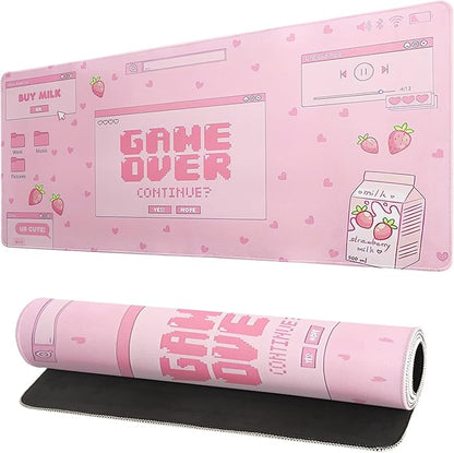 Pink Gaming Mouse Pad 31.5x11.8 Inch Pastel Game Over Large Mousepad Kawaii Office Decor for Women Non-Slip Rubber Base Stitched Edges Keyboard Mouse Mat Desk Pad for Office Home and Game