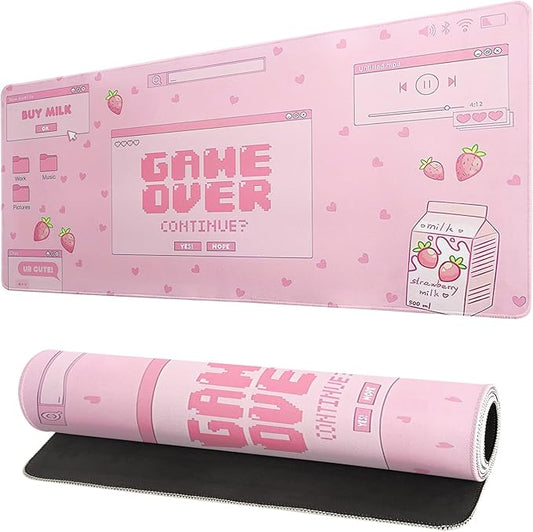 Pink Gaming Mouse Pad 31.5x11.8 Inch Pastel Game Over Large Mousepad Kawaii Office Decor for Women Non-Slip Rubber Base Stitched Edges Keyboard Mouse Mat Desk Pad for Office Home and Game
