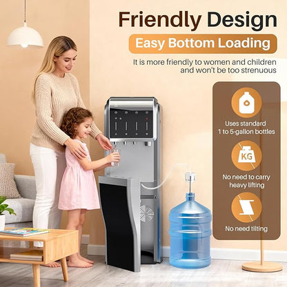 EXCELPURE 5-in-1 Bottom Loading Water Dispenser with Ice Maker, 3 Temperatures Settings - Hot, Cold and Room Water Cooler for 5 Gallon Bottle, Child Safety Lock, 35lbs/24H, WiFi, Stainless Steel