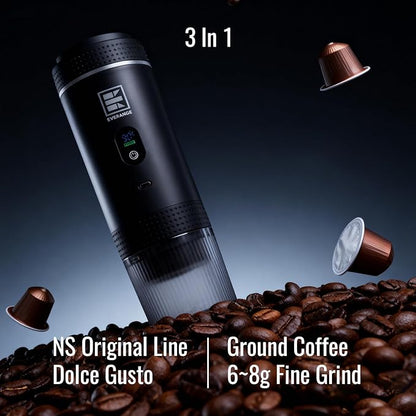 Portable Electric Espresso Machine, Travel Coffee Maker Brewer Compatible with Ground Coffee & NS Capsules (Black with LCD Screen)