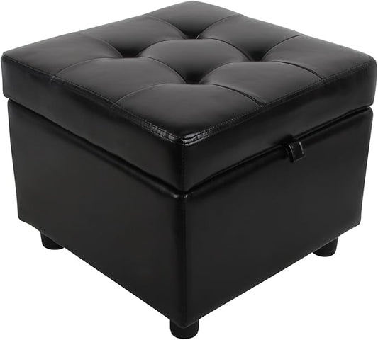H&B Luxuries Tufted Leather Square Flip Top Storage Ottoman Cube Foot Rest (Black)