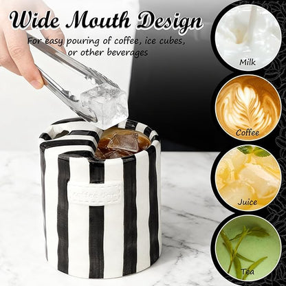 Novelty Ceramic Coffee Mug Designed to Look Like a Gift Box, 10oz Retro Hand-Painted Ceramic Travel Mug, Brown & White Striped, Microwave & Dishwasher Safe, Perfect Present for Coffee Lovers (Black)