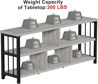 IBF Grey Bookshelf, Industrial 63” Long Open Book Shelf, Wide 5 Cube Gray Horizontal Bookcase for Home Bedroom, 3 Tier Wood Metal Low Cubby Storage Organizer Shelf for Living Room, Light Grey Oak