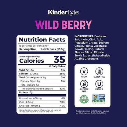 Kinderlyte Advanced Electrolyte Powder for Kids and Adults - Drink Mix Hydration Packets (Wild Berry, 16 Count), with PreMax Prebiotics, No Artificial Sweeteners or Flavors, No Synthetic Dyes
