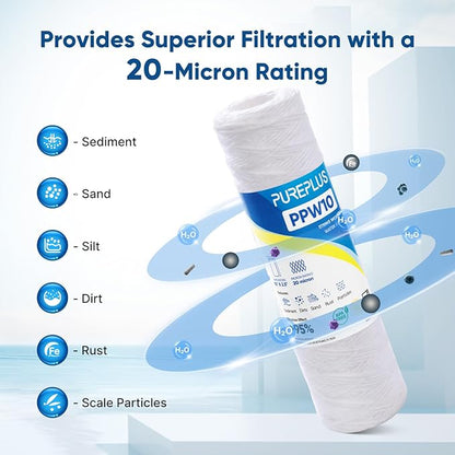 PUREPLUS 20 Micron 10"x2.5" Whole House String Wound Sediment Filter for Well Water, Replacement Cartridge for Universal 10 inch RO System, WP-5, Aqua-Pure AP110, CFS110, Culligan P5,WFPFC4002, 4Pack