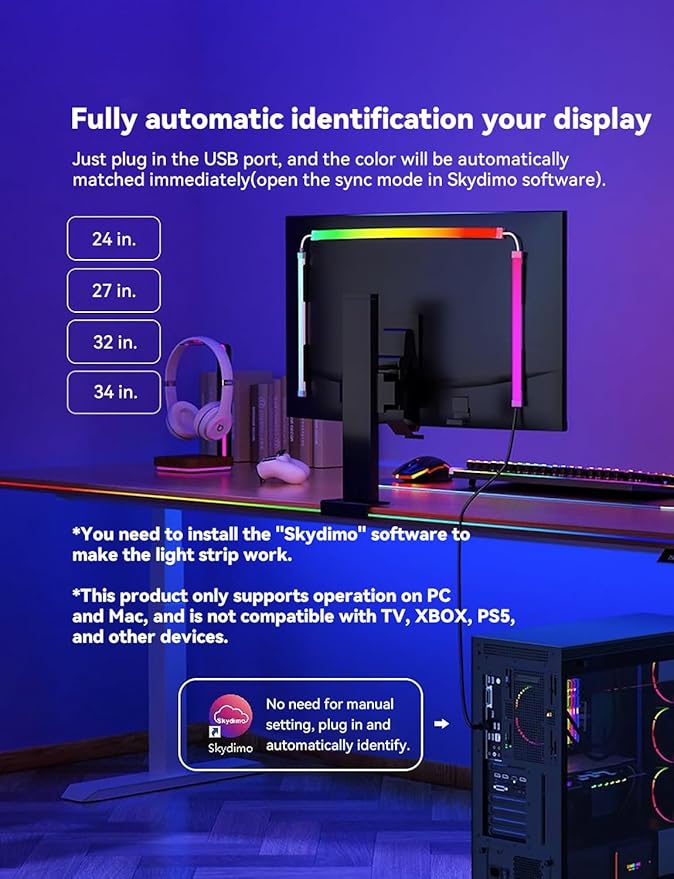 Monitor LED Backlights for PC & Mac, LED Strip Lights That Sync with Screen Color or Music, Computer Light Bar Behind Monitor, LEDs for Desk Gaming, USB Port, Software Control, G100 (27 in)