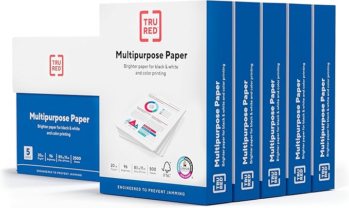 Staples TRU RED Color Printer Paper - 8.5" x 11", 1 Carton of 5 Reams for 2,500 Total Sheets, 20 lbs, 96 Bright Paper - Acid-Free and Engineered to Prevent Jamming