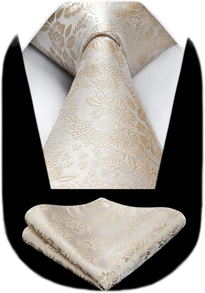 HISDERN Men Floral Ties Woven Classic 3.4" Necktie Set Formal Tie Pocket Square for Wedding with Handkerchief Gift Box