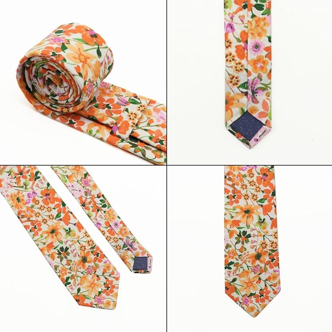 Cotton Floral Ties for Men 2.76" Men's Skinny Tie Linen Flower Printed Neck Tie for Wedding Dating Party