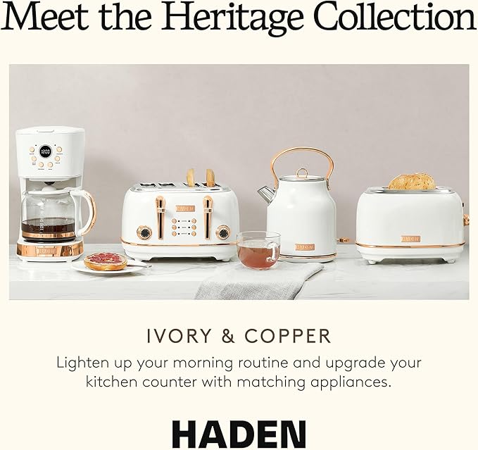 Haden Coffee Machine, 12 Cup Programmable Drip Coffee Maker with Auto Shut-Off Function and Reusable Washable Water Filter, Ivory & Copper
