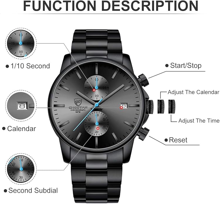 GOLDEN HOUR Fashion Business Mens Watches with Stainless Steel Waterproof Chronograph Quartz Watch for Men, Auto Date