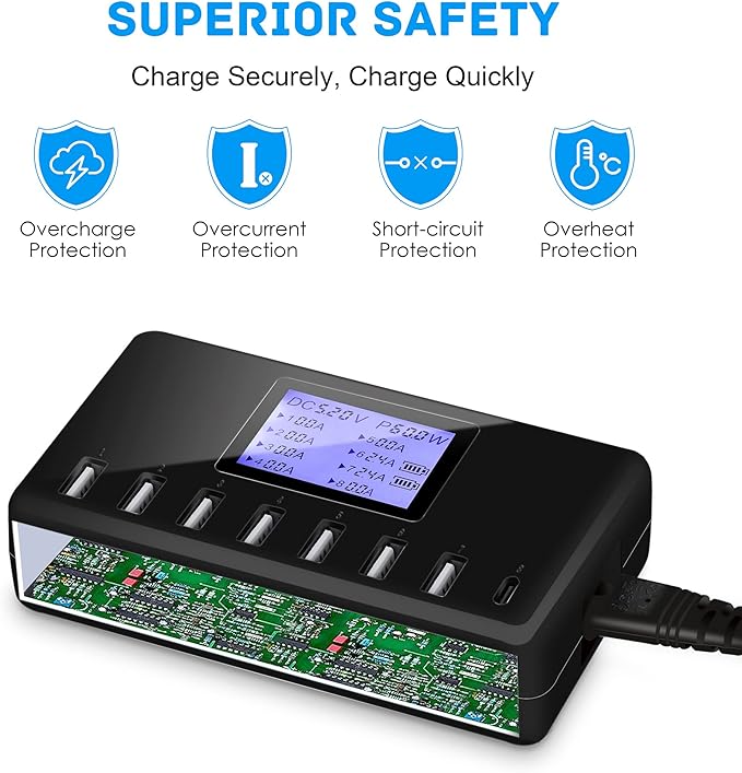 60W 12A 8-Port USB Charging Station - Multi Port USB Hub Charger - Compact Size LCD Display - Compatible with iPhone iPad Samsung Kindle Tablet Bluetooth Earbuds and More