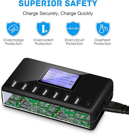 60W 12A 8-Port USB Charging Station - Multi Port USB Hub Charger - Compact Size LCD Display - Compatible with iPhone iPad Samsung Kindle Tablet Bluetooth Earbuds and More