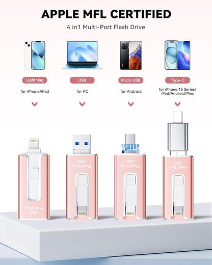 MFi Certified Flash Drive for iPhone iPad 256GB, Photo Stick for External Memory Storage, Easily Back Up and Save Photos Videos, USB Memory Stick Thumb Drive for iPhone/iPad/Android/PC (Rose Pink)