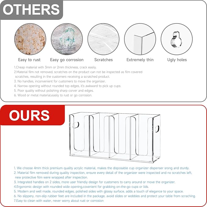 WINFFOR Disposable Cup Organizer Dispenser - 4 Compartments Clear Acrylic Cup and Lid Holder with Handles Plastic Cup Dispenser Countertop Paper Cup Holder for Coffee Bar House Party Essentials