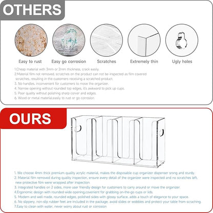 WINFFOR Disposable Cup Organizer Dispenser - 4 Compartments Clear Acrylic Cup and Lid Holder with Handles Plastic Cup Dispenser Countertop Paper Cup Holder for Coffee Bar House Party Essentials