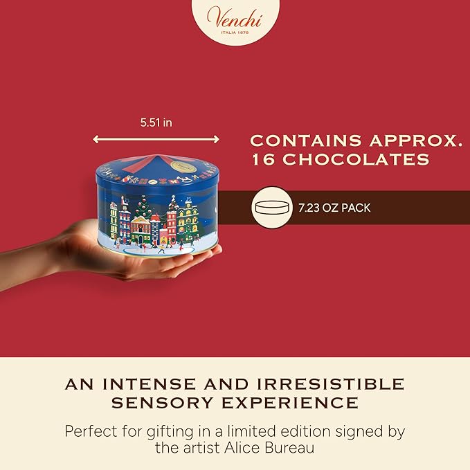 Venchi, Medium Christmas Hatbox Gift Tin with Assorted Perla Chocolates, with Whole Piedmont Hazelnut, Limited Edition, 7.2 oz, Gluten-Free, Christmas Gift Idea