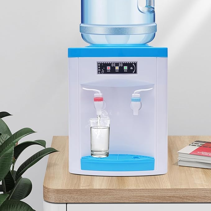 Top Loading Countertop Water Cooler Dispenser Hot and Cold Water Bedside Water Dispenser Desktop Electric Hot and Cold Dispenser for Home, Office, Dormitory Use (Blue-White)