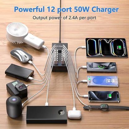 Multi USB Charger USB C Charging Station Block 50W 12 Ports Multiple USB C Hub USB Charging Strip for iPhone 13/14/15/16/Smartphone/Tablet